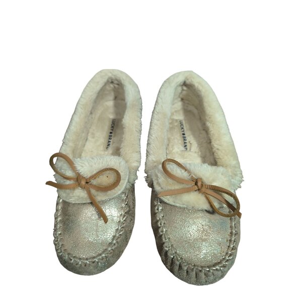 Lucky Brand‎ Moccasin Slippers Womens 7 Gold Slip On Faux Fur Lined Aleya - Picture 2 of 9